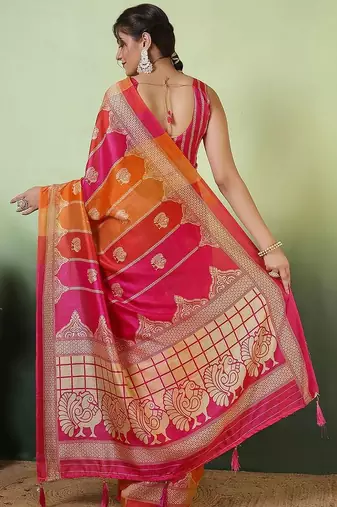 Pink woven design zari saree with unstitched blouse