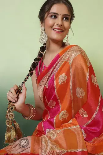 Pink woven design zari saree with unstitched blouse