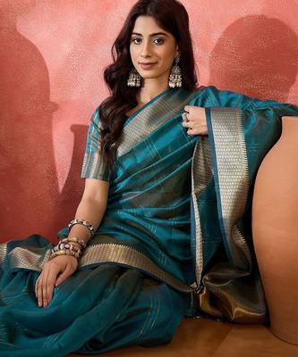 Teal woven design zari organza saree 1