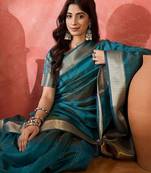 Teal woven design zari organza saree