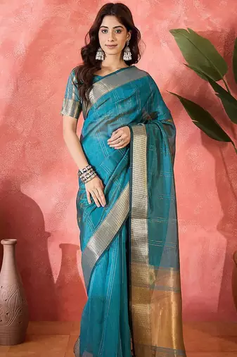 Teal woven design zari organza saree