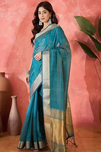 Teal woven design zari organza saree
