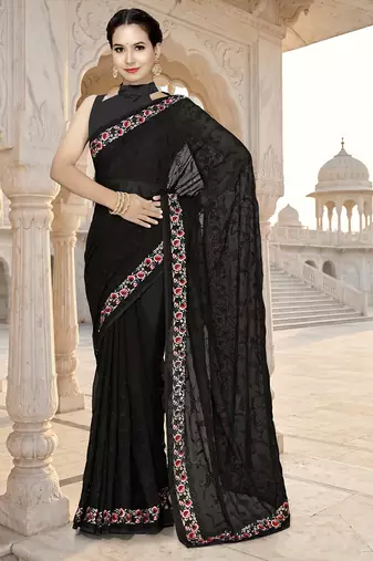 Designer black heavy resham embroidery work georgette saree