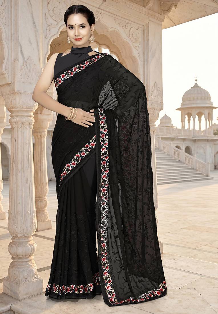 Designer black heavy resham embroidery work georgette saree