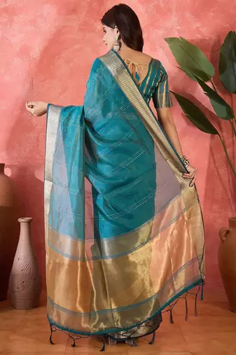 Teal woven design zari organza saree