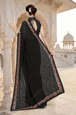 Designer black heavy resham embroidery work georgette saree 2