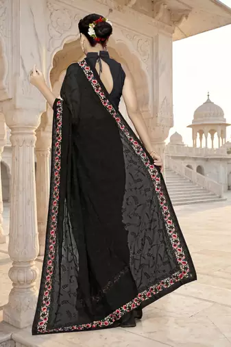 Designer black heavy resham embroidery work georgette saree