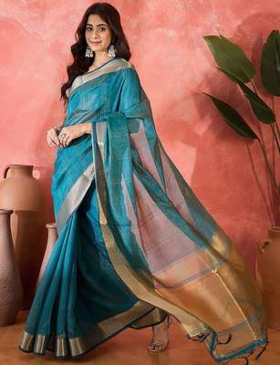 Teal woven design zari organza saree 5