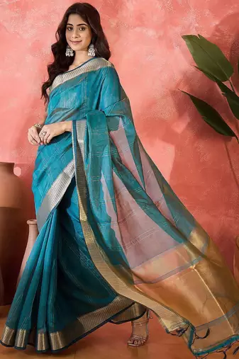 Teal woven design zari organza saree