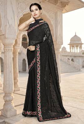 Designer black heavy resham embroidery work georgette saree 3