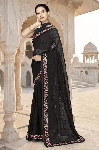 Designer black heavy resham embroidery work georgette saree