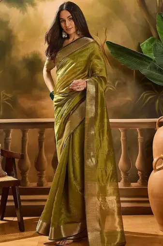 Olive embellished sequence work banarasi saree with blouse piece