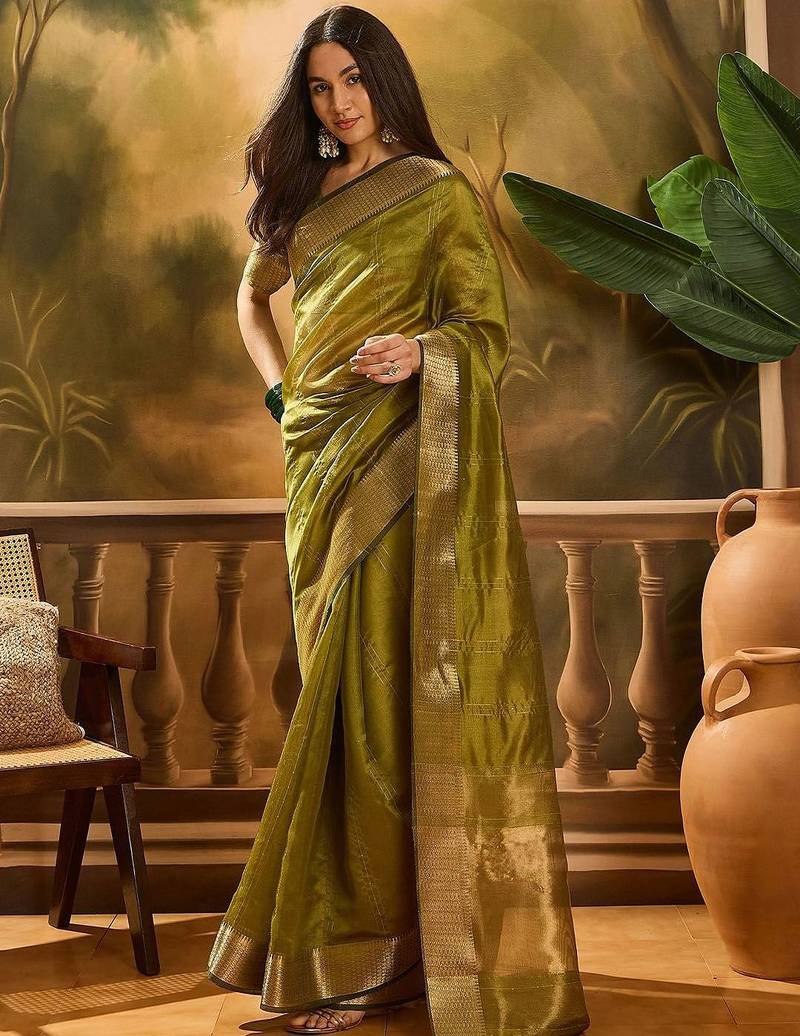 Olive embellished sequence work banarasi saree with blouse piece