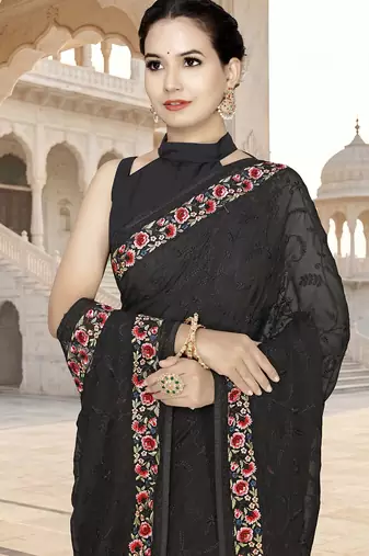 Designer black heavy resham embroidery work georgette saree