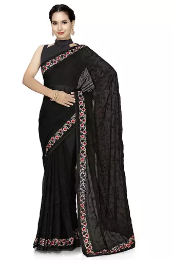 Designer black heavy resham embroidery work georgette saree