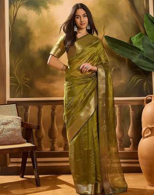 Olive embellished sequence work banarasi saree with blouse piece 2