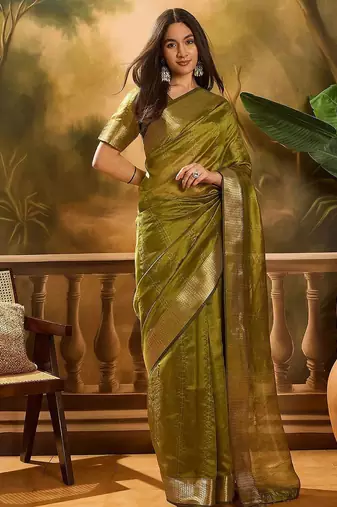 Olive embellished sequence work banarasi saree with blouse piece