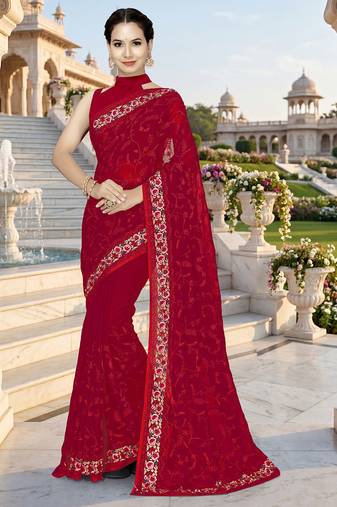 Designer red heavy resham embroidery work georgette saree