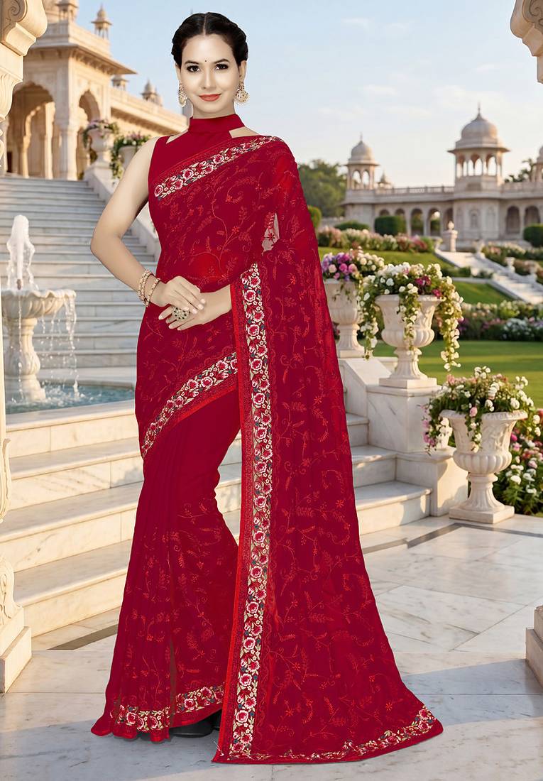 Designer red heavy resham embroidery work georgette saree