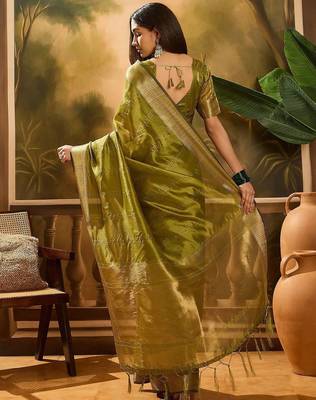 Olive embellished sequence work banarasi saree with blouse piece 3