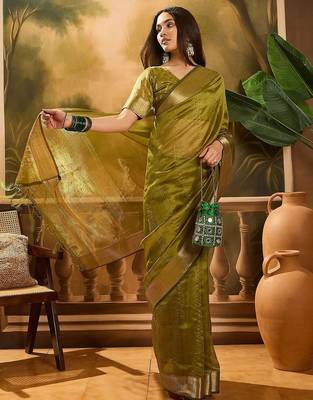 Olive embellished sequence work banarasi saree with blouse piece 4