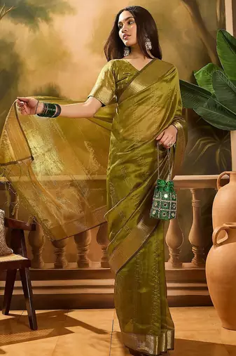 Olive embellished sequence work banarasi saree with blouse piece