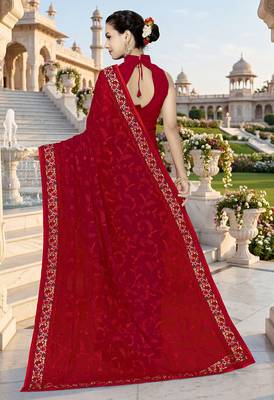 Designer red heavy resham embroidery work georgette saree 2
