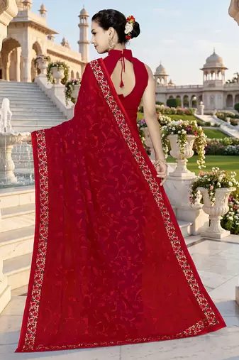 Designer red heavy resham embroidery work georgette saree
