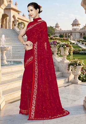 Designer red heavy resham embroidery work georgette saree 3
