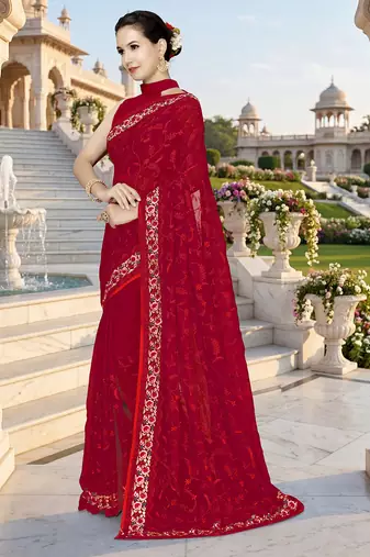 Designer red heavy resham embroidery work georgette saree