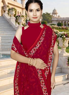 Designer red heavy resham embroidery work georgette saree 4