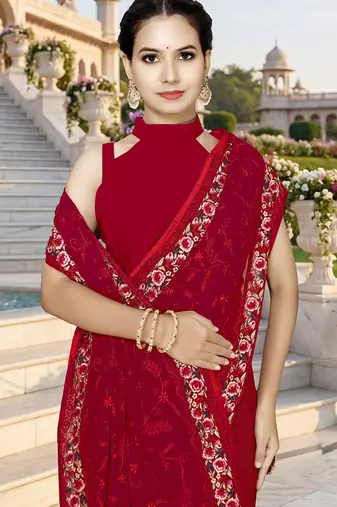 Designer red heavy resham embroidery work georgette saree
