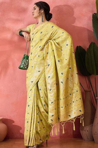 Lime woven design banarasi saree with blouse piece