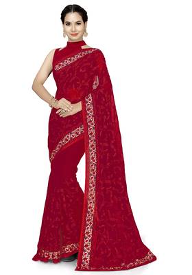 Designer red heavy resham embroidery work georgette saree 5