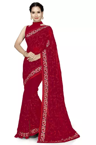 Designer red heavy resham embroidery work georgette saree