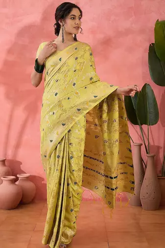 Lime woven design banarasi saree with blouse piece