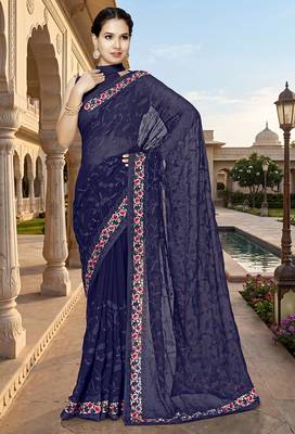 Designer navy blue heavy resham embroidery work georgette saree 1