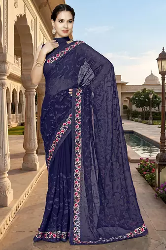 Designer navy blue heavy resham embroidery work georgette saree