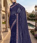 Designer navy blue heavy resham embroidery work georgette saree