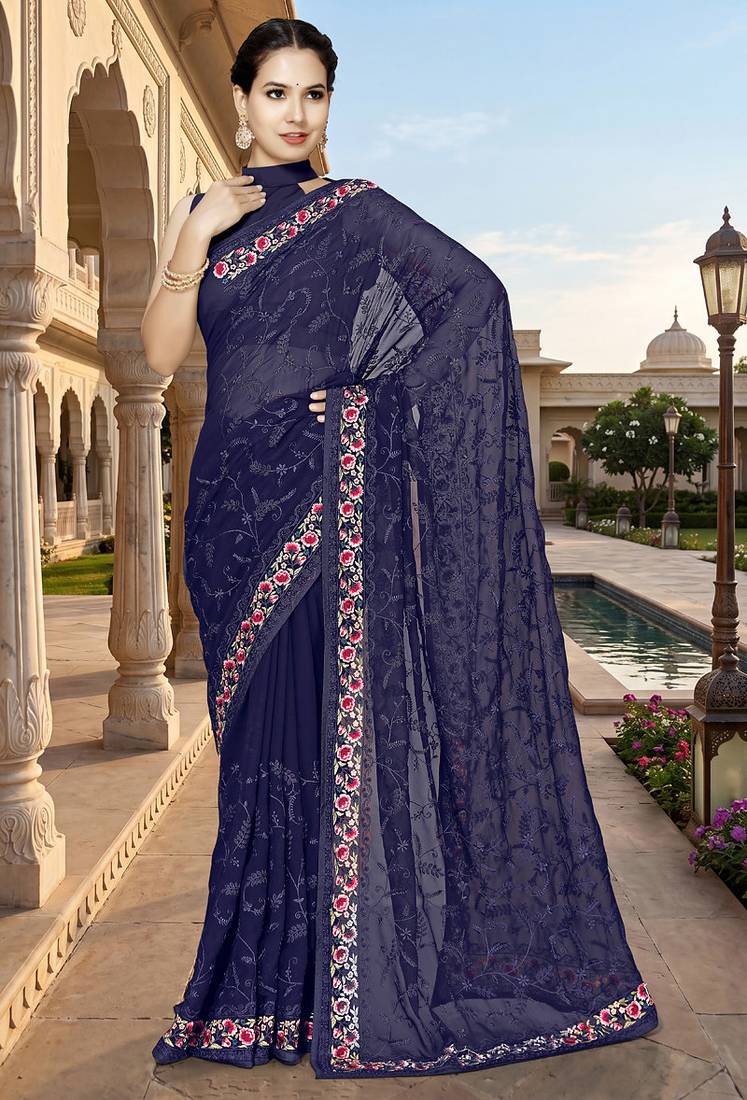 Designer navy blue heavy resham embroidery work georgette saree