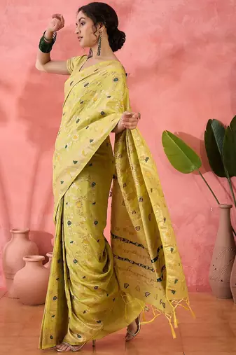 Lime woven design banarasi saree with blouse piece