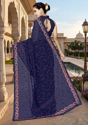 Designer navy blue heavy resham embroidery work georgette saree 2