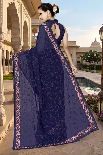 Designer navy blue heavy resham embroidery work georgette saree