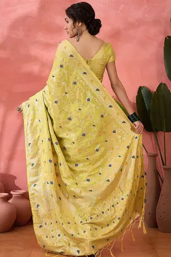 Lime woven design banarasi saree with blouse piece
