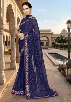 Designer navy blue heavy resham embroidery work georgette saree 3