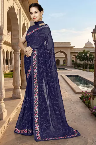 Designer navy blue heavy resham embroidery work georgette saree