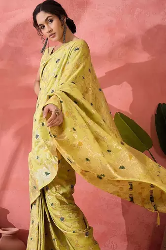 Lime woven design banarasi saree with blouse piece