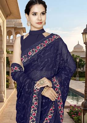 Designer navy blue heavy resham embroidery work georgette saree 4
