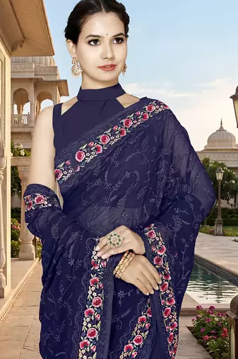 Designer navy blue heavy resham embroidery work georgette saree