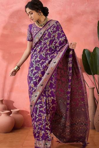 Purple woven design banarasi saree with blouse piece